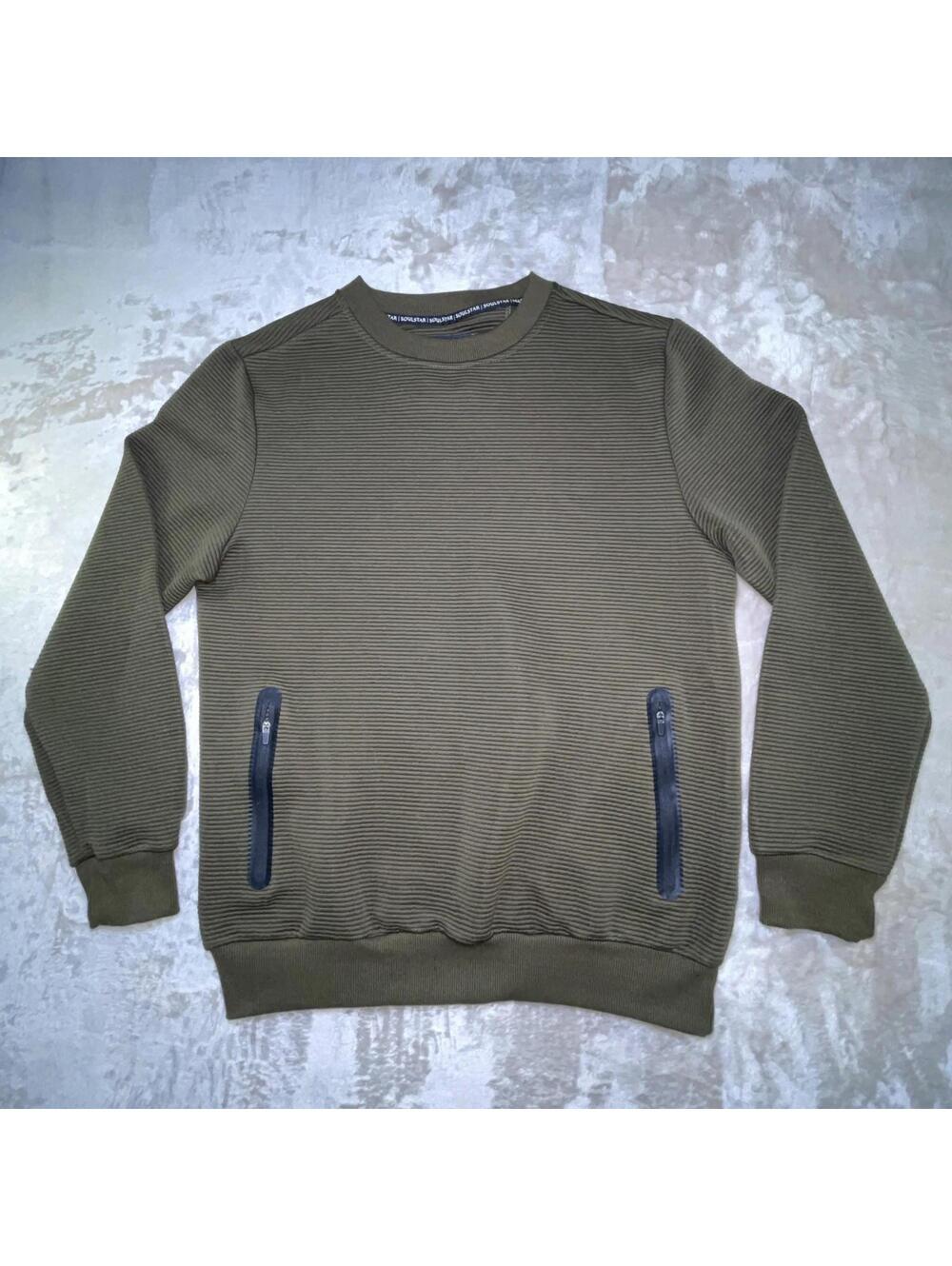 Soul Star 1976 Mens Olive Green Ribbed Stylish Sweater w/Front Zip Pockets Sz M